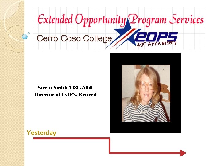 Cerro Coso College Susan Smith 1980 -2000 Director of EOPS, Retired Yesterday ry 40 Cerro Coso College Susan Smith 1980 -2000 Director of EOPS, Retired Yesterday ry 40