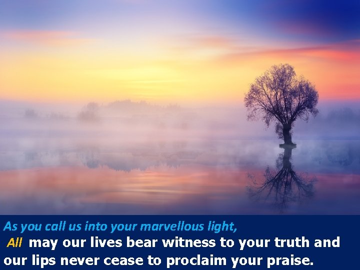 As you call us into your marvellous light, All may our lives bear witness