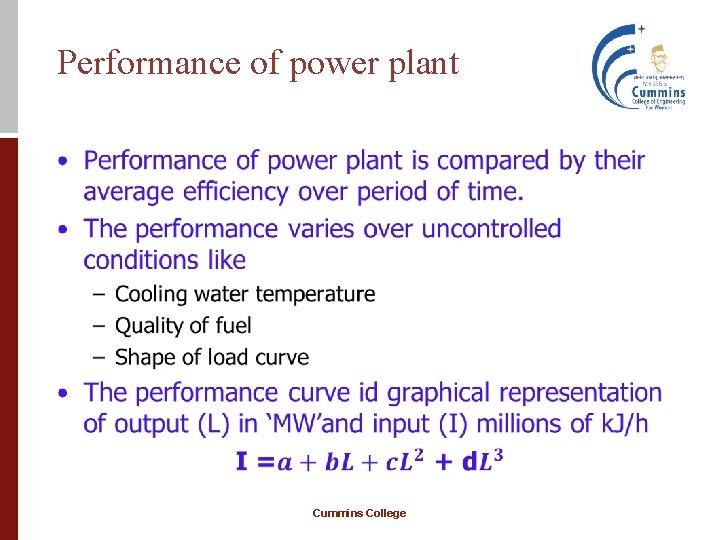 Performance of power plant • Cummins College 