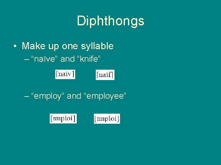 Diphthongs • Make up one syllable – “naïve” and “knife” – “employ” and “employee”