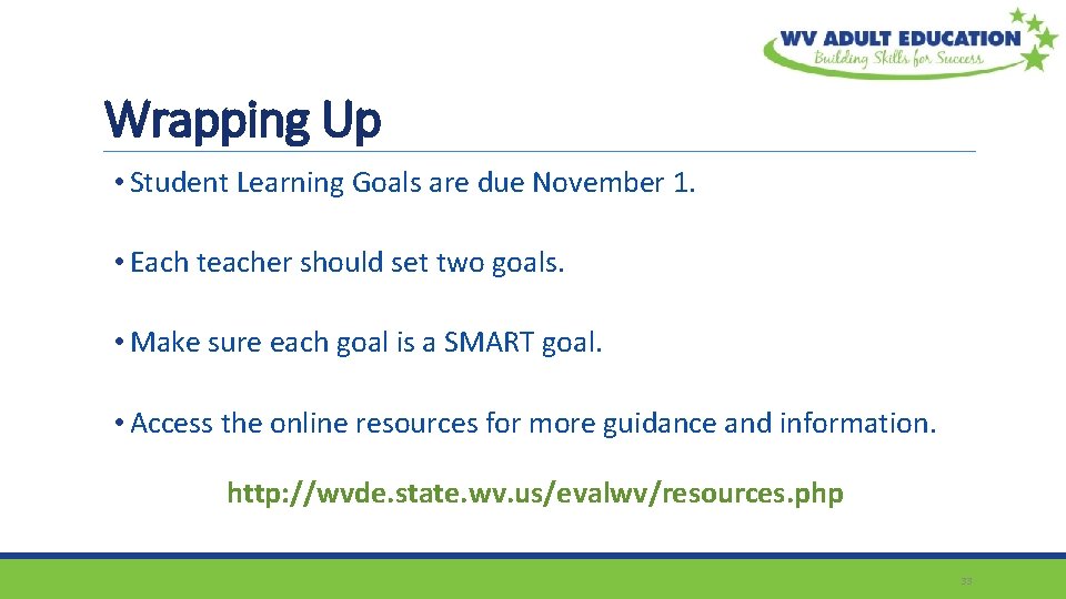Wrapping Up • Student Learning Goals are due November 1. • Each teacher should