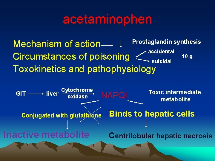 acetaminophen Prostaglandin synthesis Mechanism of action accidental 10 g Circumstances of poisoning suicidal Toxokinetics