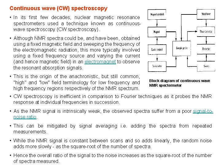 Continuous wave (CW) spectroscopy • In its first few decades, nuclear magnetic resonance spectrometers