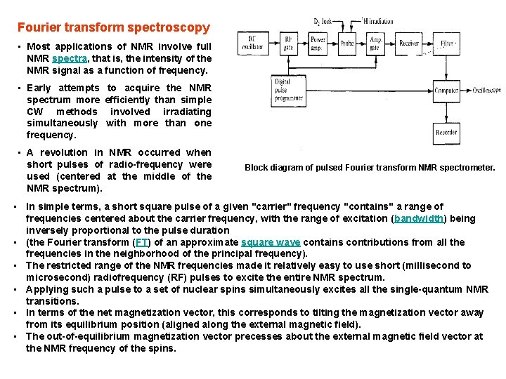 Fourier transform spectroscopy • Most applications of NMR involve full NMR spectra, that is,