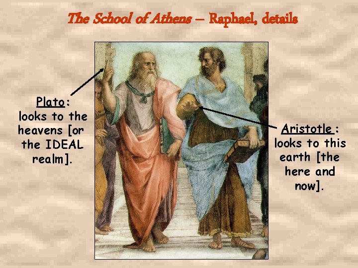 The School of Athens – Raphael, details Plato : looks to the heavens [or