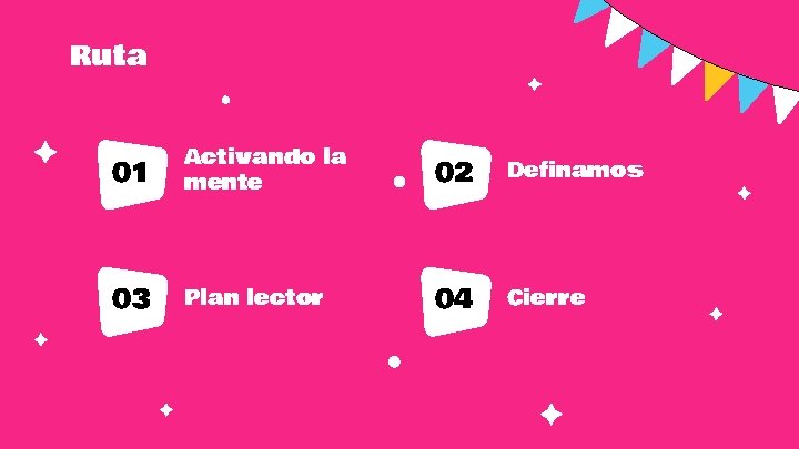 Ruta 01 Activando la mente 02 Definamos 03 Plan lector 04 Cierre 