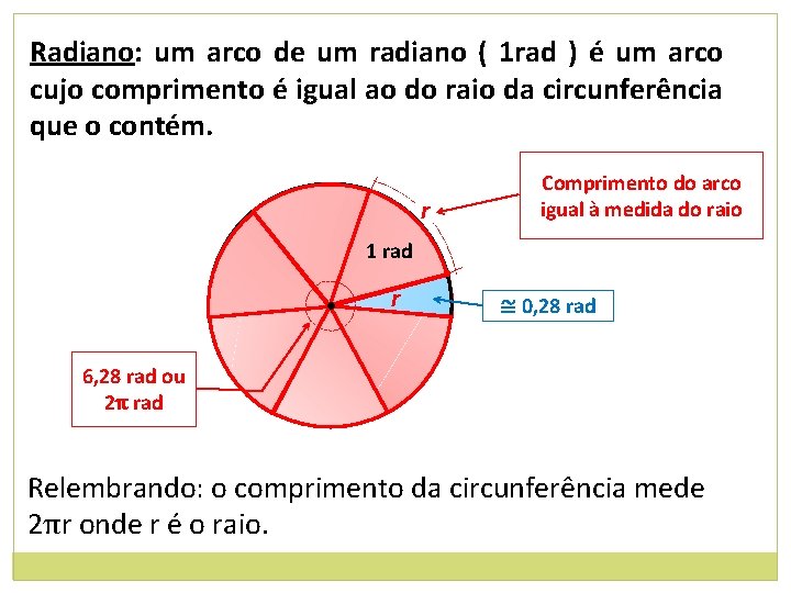 Radiano: um arco de um radiano ( 1 rad ) é um arco cujo