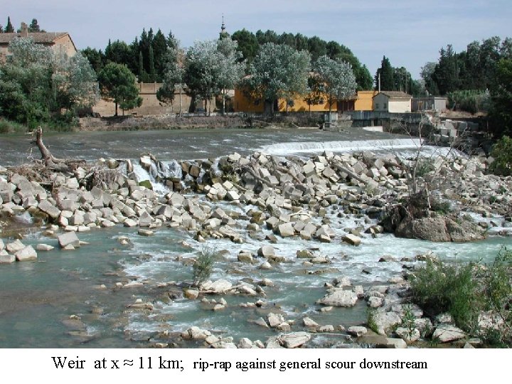 Weir at x ≈ 11 km; rip-rap against general scour downstream 