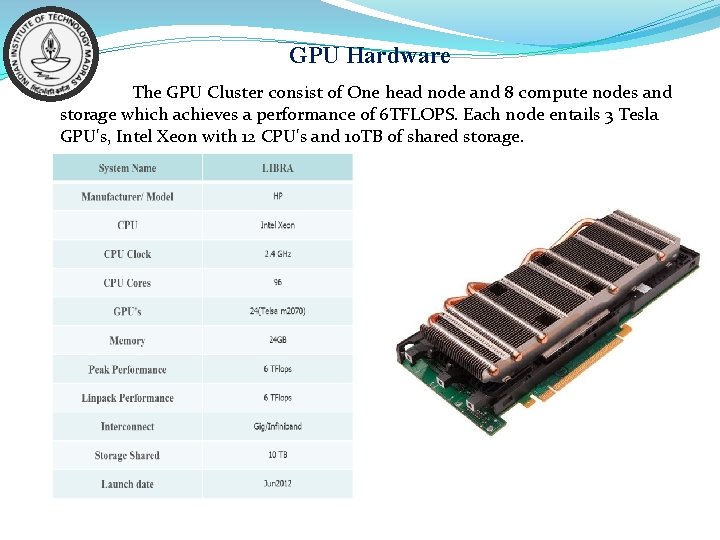 GPU Hardware The GPU Cluster consist of One head node and 8 compute nodes