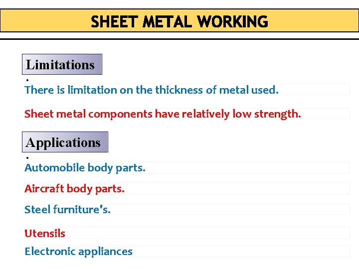 Limitations : There is limitation on the thickness of metal used. Sheet metal components