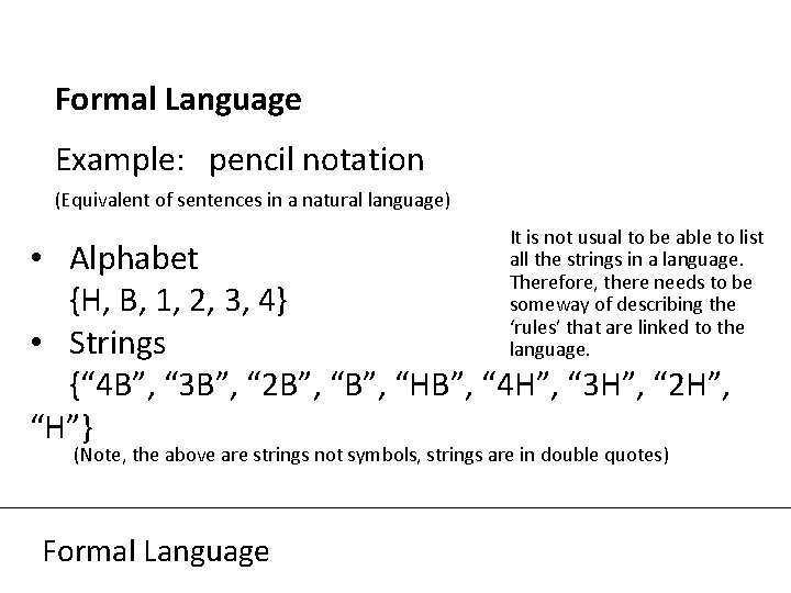 Formal Language Example: pencil notation (Equivalent of sentences in a natural language) It is