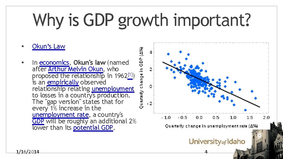 Why is GDP growth important? • Okun’s Law • In economics, Okun's law (named