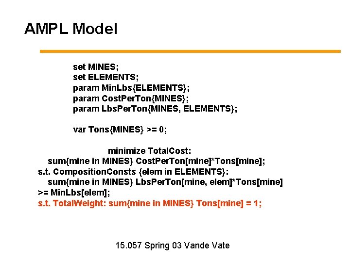 AMPL Model set MINES; set ELEMENTS; param Min. Lbs{ELEMENTS}; param Cost. Per. Ton{MINES}; param