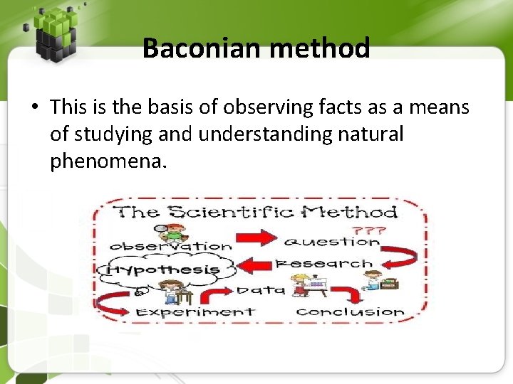 Baconian method • This is the basis of observing facts as a means of