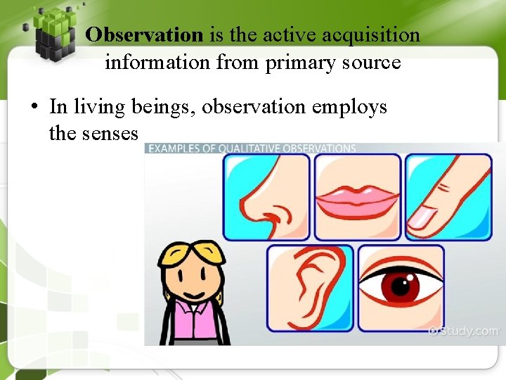 Observation is the active acquisition information from primary source • In living beings, observation