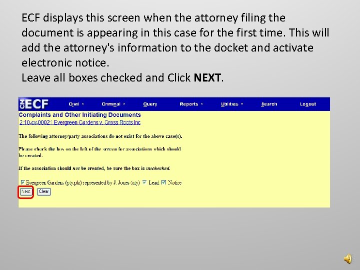 ECF displays this screen when the attorney filing the document is appearing in this