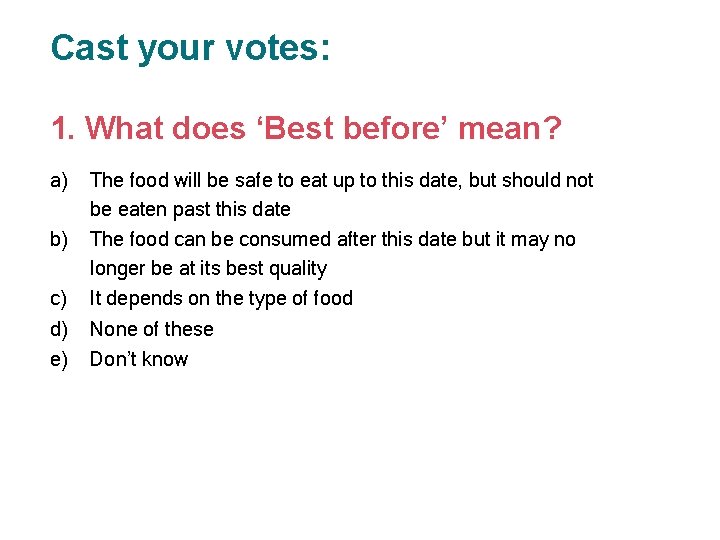 Cast your votes: 1. What does ‘Best before’ mean? a) The food will be