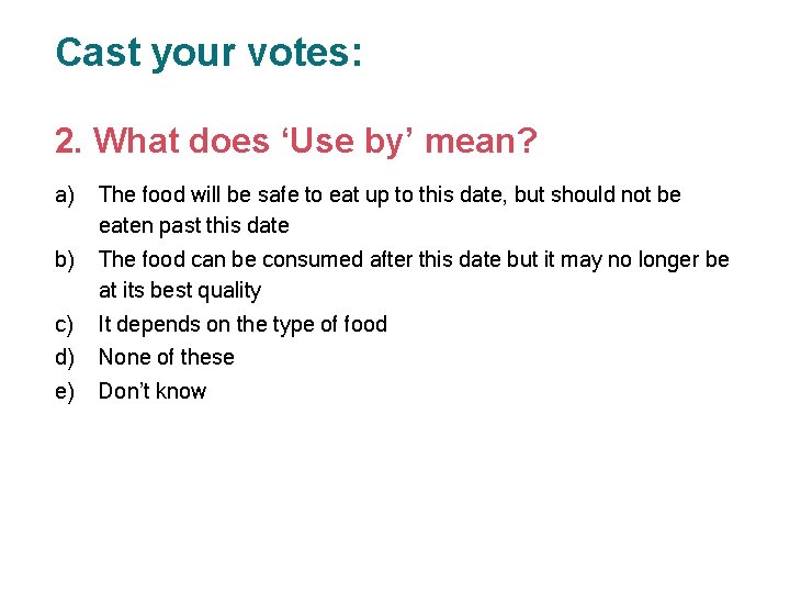 Cast your votes: 2. What does ‘Use by’ mean? a) The food will be