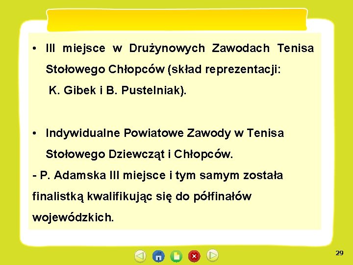  • III miejsce w Drużynowych Zawodach Tenisa Stołowego Chłopców (skład reprezentacji: K. Gibek