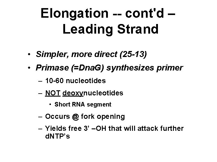 Elongation -- cont'd – Leading Strand • Simpler, more direct (25 -13) • Primase
