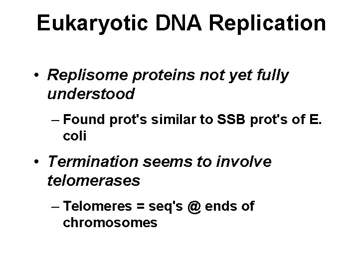 Eukaryotic DNA Replication • Replisome proteins not yet fully understood – Found prot's similar