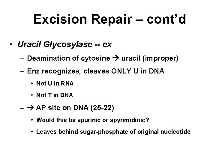 Excision Repair – cont’d • Uracil Glycosylase -- ex – Deamination of cytosine uracil