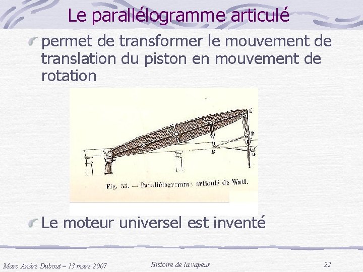 Le parallélogramme articulé permet de transformer le mouvement de translation du piston en mouvement