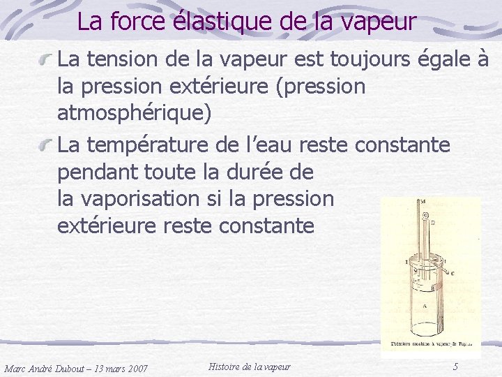 La force élastique de la vapeur La tension de la vapeur est toujours égale