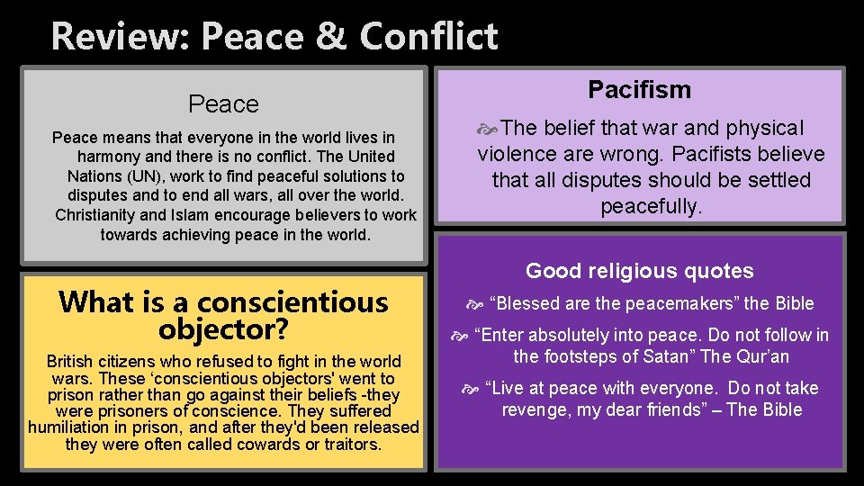 Review: Peace & Conflict Peace means that everyone in the world lives in harmony