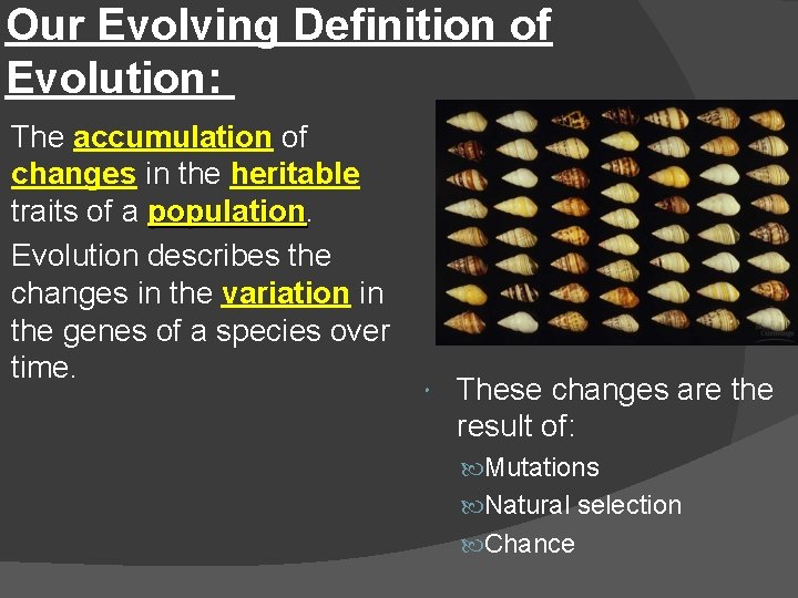 Our Evolving Definition of Evolution: The accumulation of changes in the heritable traits of