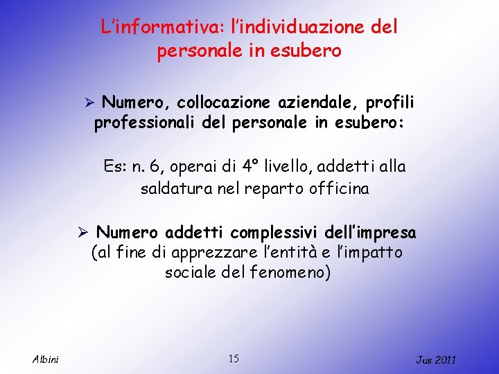 L’informativa: l’individuazione del personale in esubero Ø Numero, collocazione aziendale, profili professionali del personale