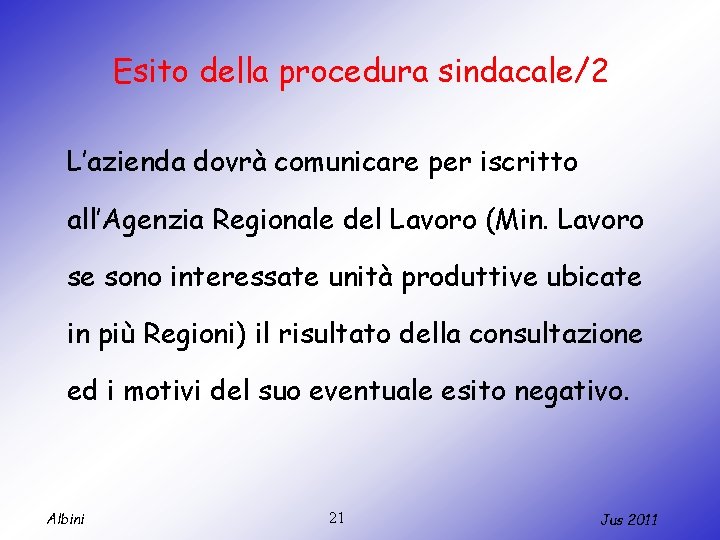 Esito della procedura sindacale/2 L’azienda dovrà comunicare per iscritto all’Agenzia Regionale del Lavoro (Min.