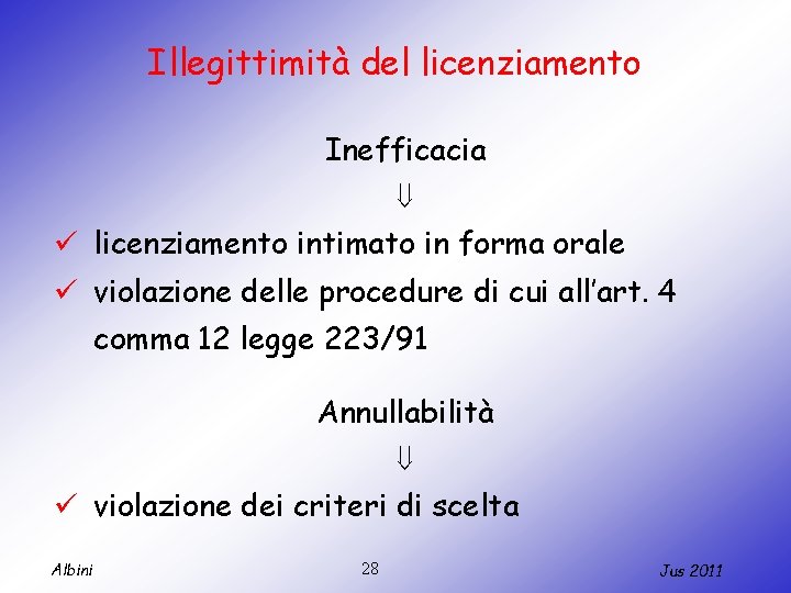 Illegittimità del licenziamento Inefficacia ü licenziamento intimato in forma orale ü violazione delle procedure