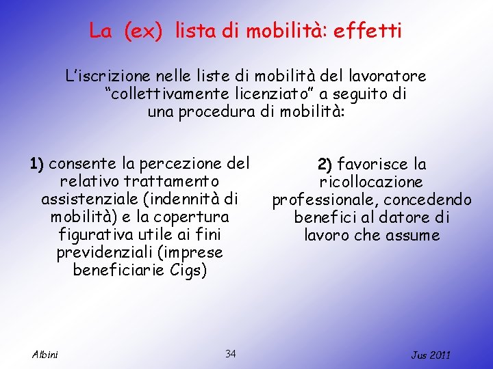 La (ex) lista di mobilità: effetti L’iscrizione nelle liste di mobilità del lavoratore “collettivamente