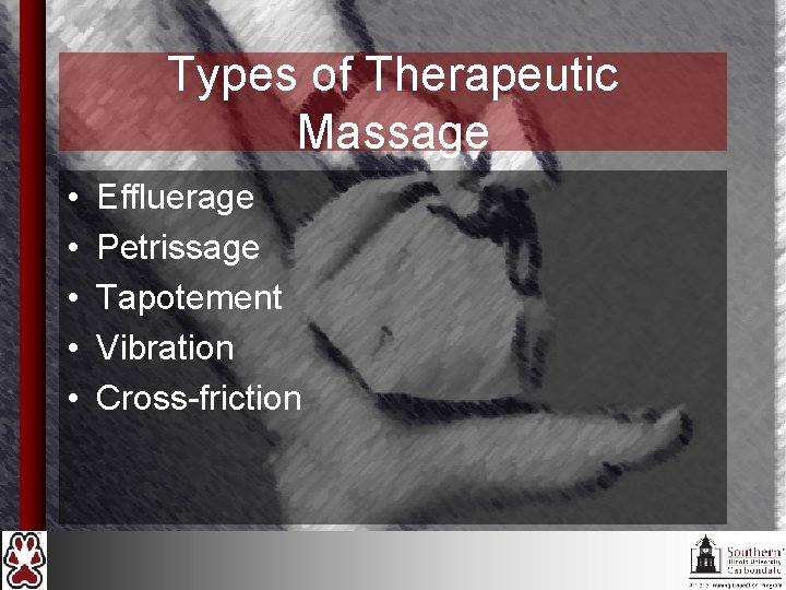Types of Therapeutic Massage • • • Effluerage Petrissage Tapotement Vibration Cross-friction 