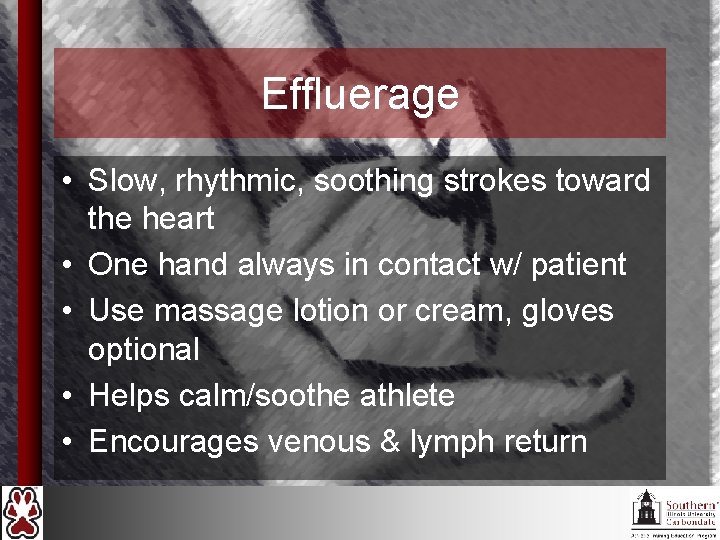 Effluerage • Slow, rhythmic, soothing strokes toward the heart • One hand always in