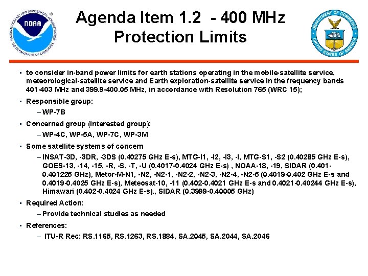 Agenda Item 1. 2 - 400 MHz Protection Limits • to consider in-band power Agenda Item 1. 2 - 400 MHz Protection Limits • to consider in-band power