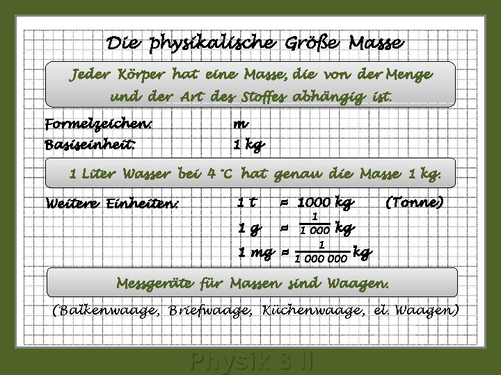 Die physikalische Größe Masse Jeder Körper hat eine Masse, die von der Menge und