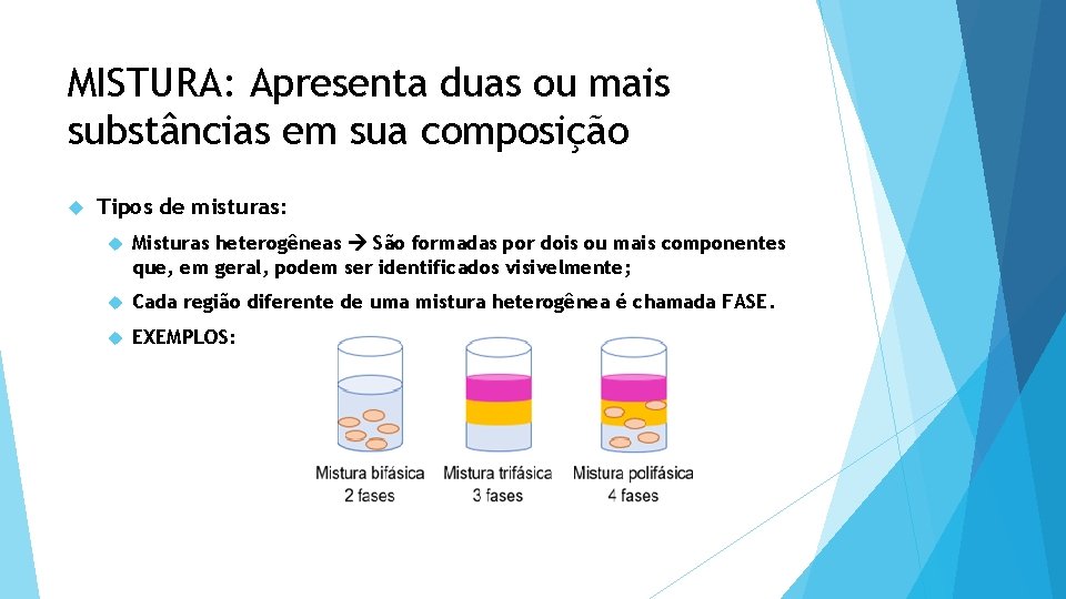 MISTURA: Apresenta duas ou mais substâncias em sua composição Tipos de misturas: Misturas heterogêneas