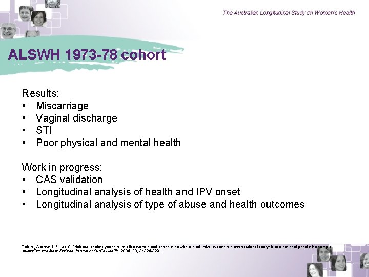 ALSWH 1973 -78 cohort Results: • Miscarriage • Vaginal discharge • STI • Poor