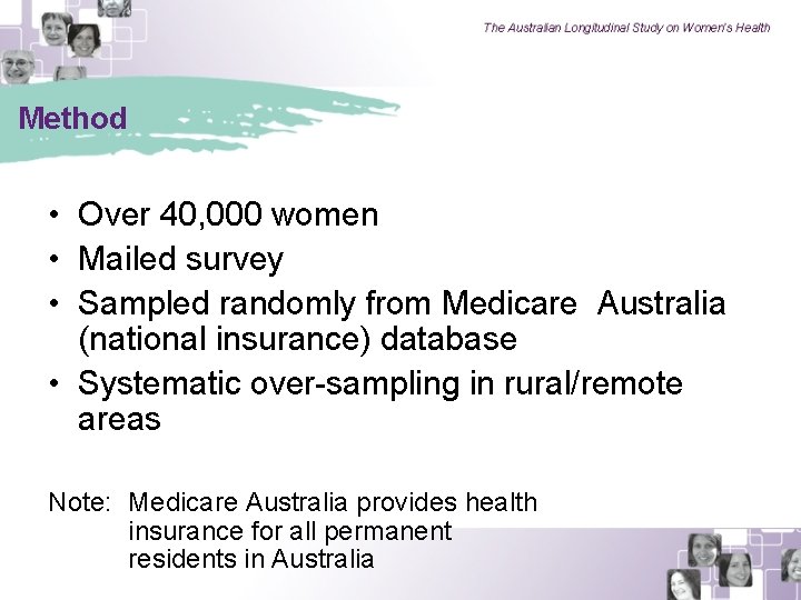 Method • Over 40, 000 women • Mailed survey • Sampled randomly from Medicare