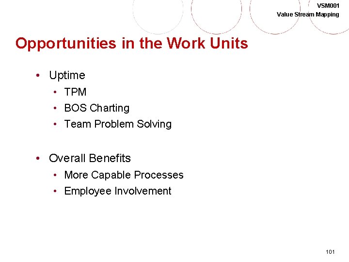 VSM 001 Value Stream Mapping Opportunities in the Work Units • Uptime • TPM