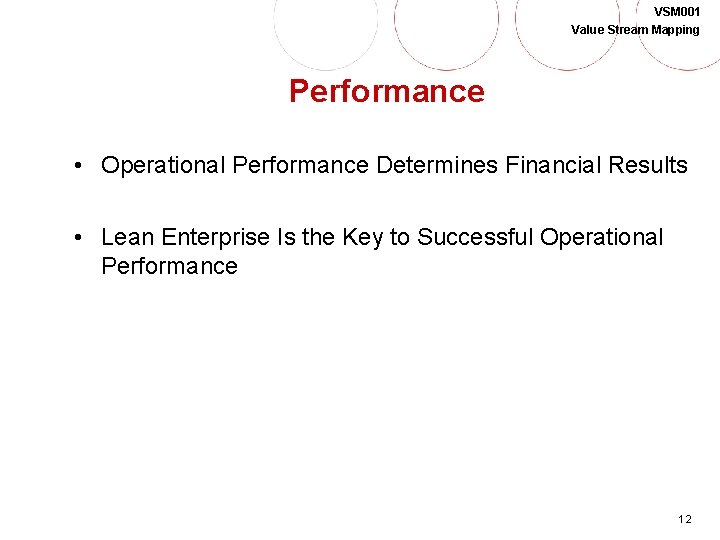 VSM 001 Value Stream Mapping Performance • Operational Performance Determines Financial Results • Lean