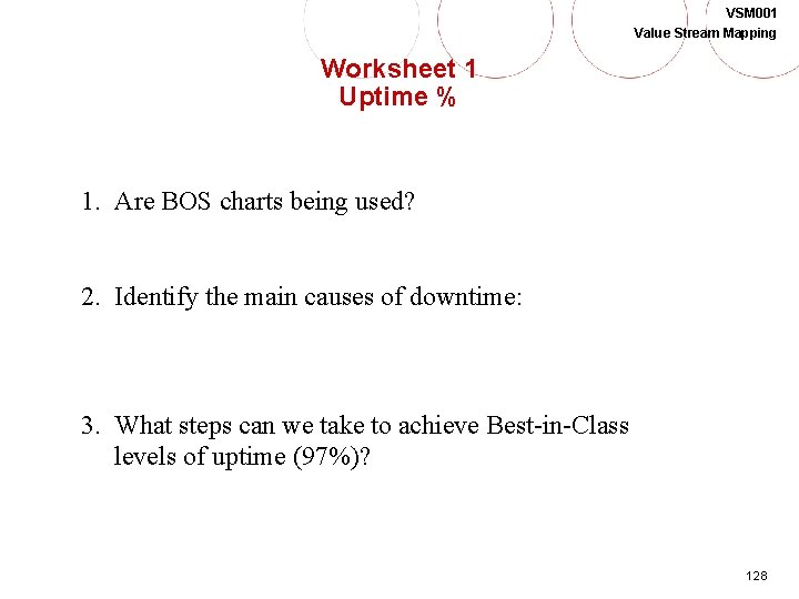 VSM 001 Value Stream Mapping Worksheet 1 Uptime % 1. Are BOS charts being