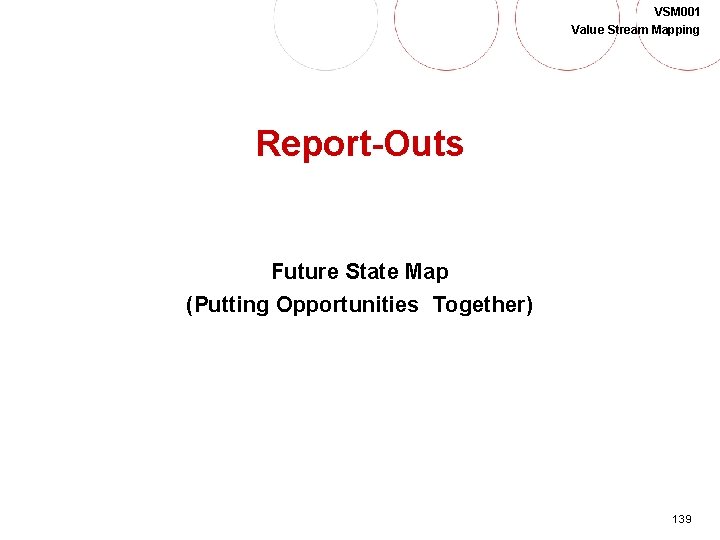 VSM 001 Value Stream Mapping Report-Outs Future State Map (Putting Opportunities Together) 139 