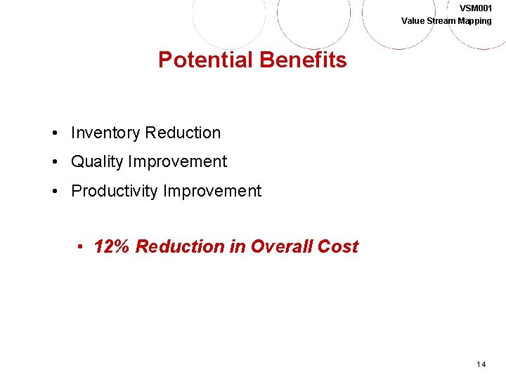 VSM 001 Value Stream Mapping Potential Benefits • Inventory Reduction • Quality Improvement •