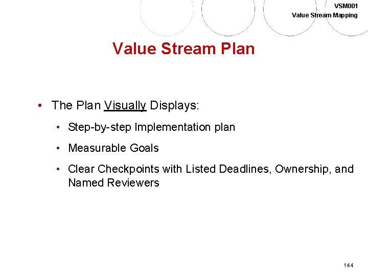 VSM 001 Value Stream Mapping Value Stream Plan • The Plan Visually Displays: •
