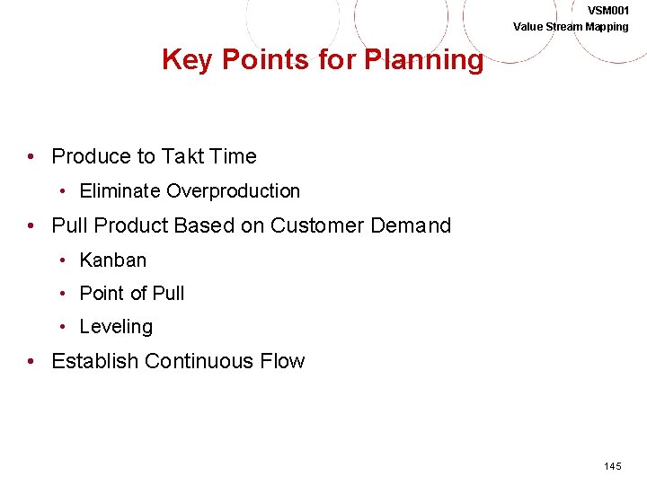 VSM 001 Value Stream Mapping Key Points for Planning • Produce to Takt Time