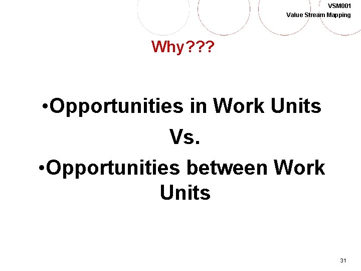 VSM 001 Value Stream Mapping Why? ? ? • Opportunities in Work Units Vs.