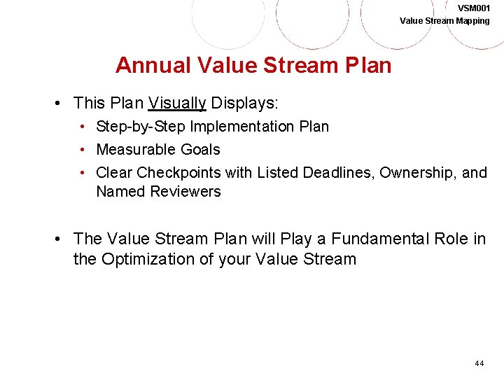 VSM 001 Value Stream Mapping Annual Value Stream Plan • This Plan Visually Displays: